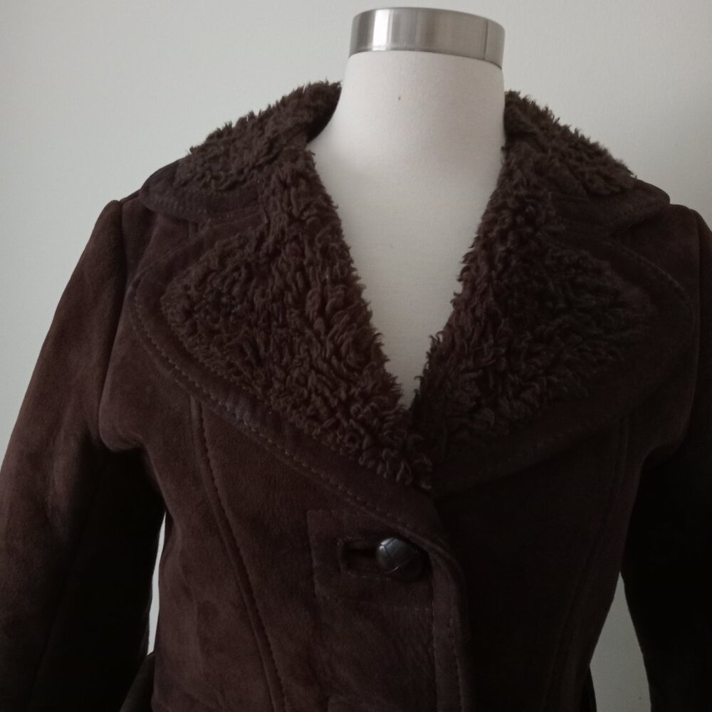 Vintage 1970s Suede Shearling Chocolate Brown Penny Lane  Belted Coat - Picture 4 of 6